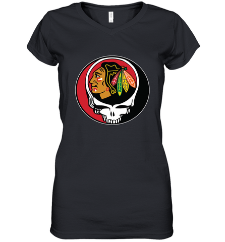 Chicago Blackhawks Grateful Dead Steal Your Face Hockey NHL Womens V-Neck T-Shirt Womens V-Neck T-Shirt / Black / S Womens V-Neck T-Shirt - VeigarTee