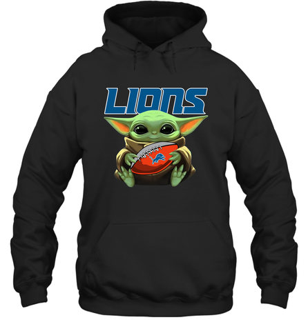 Baby Yoda Loves The Detroit Lions Star Wars Baby Yoda Hugs Lions NFL Adult Hoodie Sweatshirt Adult Hoodie Sweatshirt / Black / S Adult Hoodie Sweatshirt - VeigarTee