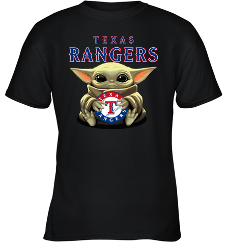 Baby Yoda Hugs Loves The Texas Rangers Baseball Youth T-Shirt Youth T-Shirt / Black / XS Youth T-Shirt - VeigarTee