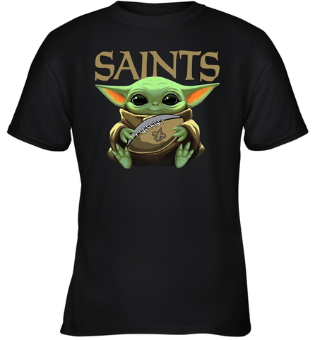 Baby Yoda Loves The New Orleans Saints Star Wars Baby Yoda Hugs Saints NFL Youth T-Shirt Youth T-Shirt / Black / XS Youth T-Shirt - VeigarTee
