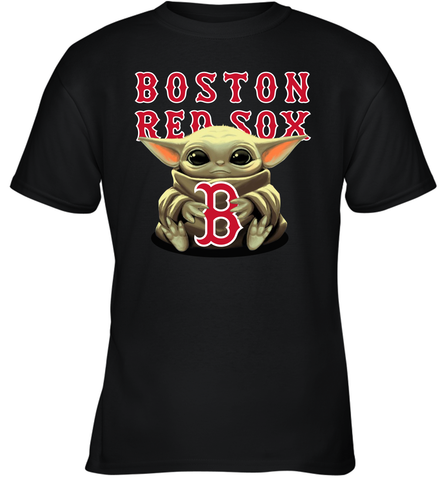 Baby Yoda Hugs Loves The Boston Red Sox Baseball Youth T-Shirt Youth T-Shirt / Black / XS Youth T-Shirt - VeigarTee