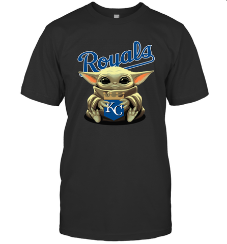 Baby Yoda Hugs Loves The Kansas City Royals Baseball Mens T-Shirt Mens T-Shirt / Black / S Mens T-Shirt - VeigarTee