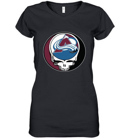Colorado Avalanche Grateful Dead Steal Your Face Hockey NHL Womens V-Neck T-Shirt Womens V-Neck T-Shirt / Black / S Womens V-Neck T-Shirt - VeigarTee