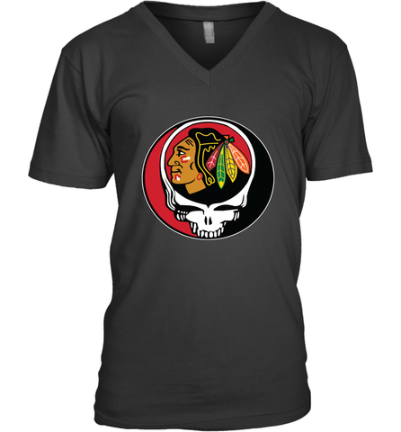 Chicago Blackhawks Grateful Dead Steal Your Face Hockey NHL Mens V-Neck T-Shirt Mens V-Neck T-Shirt / Black / S Mens V-Neck T-Shirt - VeigarTee