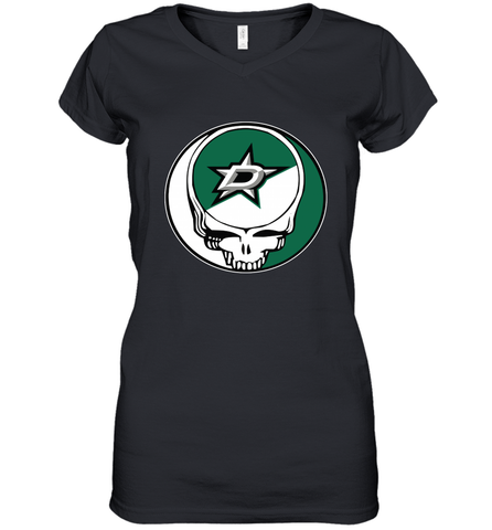 Dallas Stars Grateful Dead Steal Your Face Hockey NHL Womens V-Neck T-Shirt Womens V-Neck T-Shirt / Black / S Womens V-Neck T-Shirt - VeigarTee