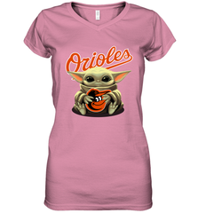 Baby Yoda Hugs Loves The Baltimore Orioles Baseball Womens V-Neck T-Shirt Womens V-Neck T-Shirt - VeigarTee