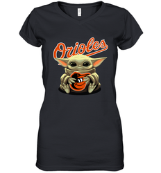 Baby Yoda Hugs Loves The Baltimore Orioles Baseball Womens V-Neck T-Shirt