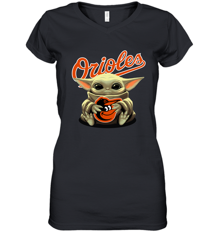 Baby Yoda Hugs Loves The Baltimore Orioles Baseball Womens V-Neck T-Shirt Womens V-Neck T-Shirt / Black / S Womens V-Neck T-Shirt - VeigarTee