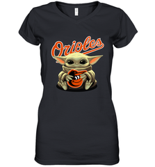 Baby Yoda Hugs Loves The Baltimore Orioles Baseball Womens V-Neck T-Shirt Womens V-Neck T-Shirt - VeigarTee