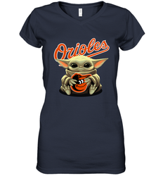 Baby Yoda Hugs Loves The Baltimore Orioles Baseball Womens V-Neck T-Shirt