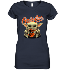 Baby Yoda Hugs Loves The Baltimore Orioles Baseball Womens V-Neck T-Shirt Womens V-Neck T-Shirt - VeigarTee