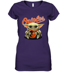 Baby Yoda Hugs Loves The Baltimore Orioles Baseball Womens V-Neck T-Shirt Womens V-Neck T-Shirt - VeigarTee