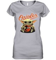 Baby Yoda Hugs Loves The Baltimore Orioles Baseball Womens V-Neck T-Shirt Womens V-Neck T-Shirt - VeigarTee