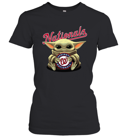 Baby Yoda Hugs Loves The Washington Nationals Baseball Womens T-Shirt Womens T-Shirt / Black / XS Womens T-Shirt - VeigarTee