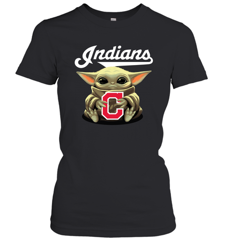 Baby Yoda Hugs Loves The Cleveland Indians Baseball Womens T-Shirt Womens T-Shirt / Black / XS Womens T-Shirt - VeigarTee