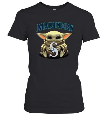 Baby Yoda Hugs Loves The Seattle Mariners Baseball Womens T-Shirt Womens T-Shirt / Black / XS Womens T-Shirt - VeigarTee