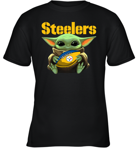 Baby Yoda Loves The Pittsburgh Steelers Star Wars Baby Yoda Hugs Steelers NFL Youth T-Shirt Youth T-Shirt / Black / XS Youth T-Shirt - VeigarTee