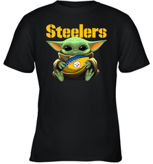 Baby Yoda Loves The Pittsburgh Steelers Star Wars Baby Yoda Hugs Steelers NFL Youth T-Shirt Youth T-Shirt - VeigarTee