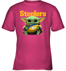 Baby Yoda Loves The Pittsburgh Steelers Star Wars Baby Yoda Hugs Steelers NFL Youth T-Shirt Youth T-Shirt - VeigarTee