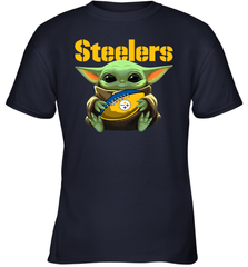 Baby Yoda Loves The Pittsburgh Steelers Star Wars Baby Yoda Hugs Steelers NFL Youth T-Shirt Youth T-Shirt - VeigarTee