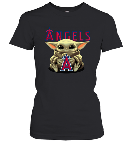 Baby Yoda Hugs Loves The Los Angeles Angels Baseball Womens T-Shirt Womens T-Shirt / Black / XS Womens T-Shirt - VeigarTee