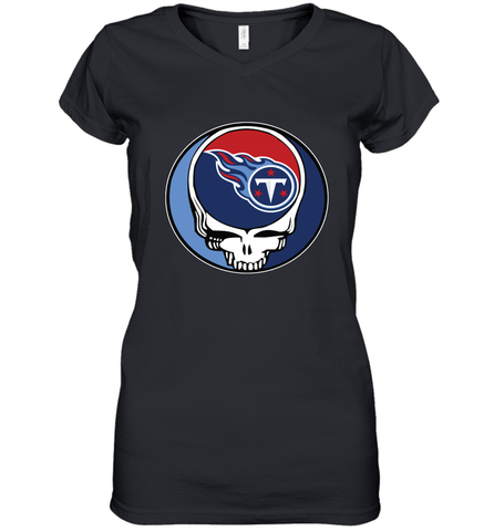 Tennessee Titans Grateful Dead Steal Your Face NFL Football Womens V-Neck T-Shirt Womens V-Neck T-Shirt / Black / S Womens V-Neck T-Shirt - VeigarTee