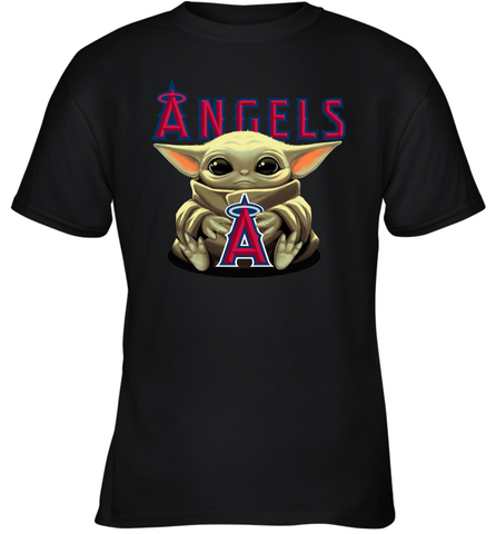 Baby Yoda Hugs Loves The Los Angeles Angels Baseball Youth T-Shirt Youth T-Shirt / Black / XS Youth T-Shirt - VeigarTee