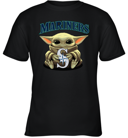 Baby Yoda Hugs Loves The Seattle Mariners Baseball Youth T-Shirt Youth T-Shirt / Black / XS Youth T-Shirt - VeigarTee