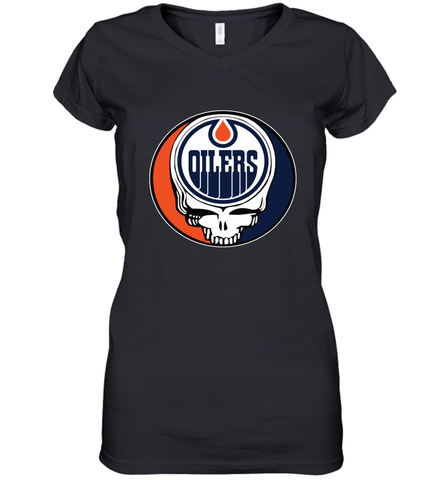 Edmonton Oilers Grateful Dead Steal Your Face Hockey NHL Womens V-Neck T-Shirt Womens V-Neck T-Shirt / Black / S Womens V-Neck T-Shirt - VeigarTee