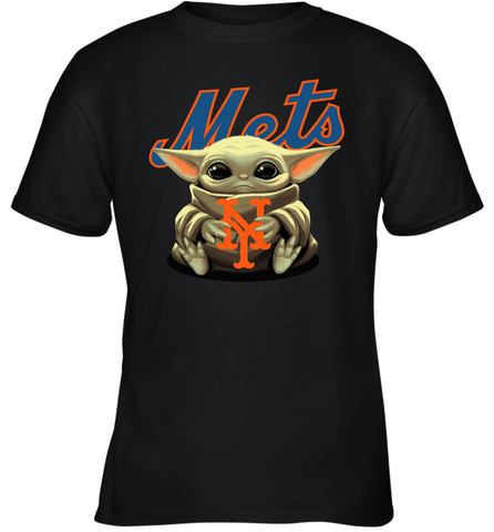 Baby Yoda Hugs Loves The New York Mets Baseball Youth T-Shirt Youth T-Shirt / Black / XS Youth T-Shirt - VeigarTee