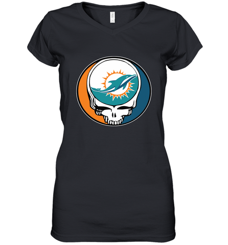 Miami Dolphins Grateful Dead Steal Your Face NFL Football Womens V-Neck T-Shirt Womens V-Neck T-Shirt / Black / S Womens V-Neck T-Shirt - VeigarTee