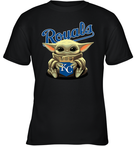 Baby Yoda Hugs Loves The Kansas City Royals Baseball Youth T-Shirt Youth T-Shirt / Black / XS Youth T-Shirt - VeigarTee