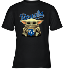 Baby Yoda Hugs Loves The Kansas City Royals Baseball Youth T-Shirt Youth T-Shirt - VeigarTee
