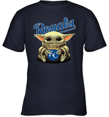 Baby Yoda Hugs Loves The Kansas City Royals Baseball Youth T-Shirt Youth T-Shirt - VeigarTee