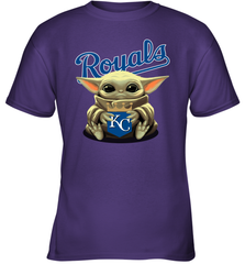 Baby Yoda Hugs Loves The Kansas City Royals Baseball Youth T-Shirt Youth T-Shirt - VeigarTee