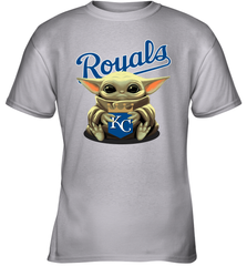 Baby Yoda Hugs Loves The Kansas City Royals Baseball Youth T-Shirt Youth T-Shirt - VeigarTee