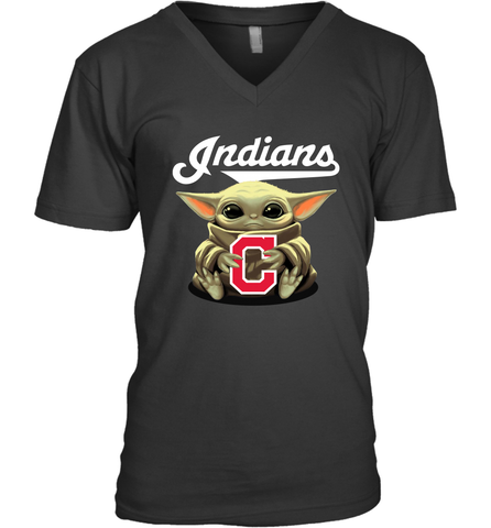 Baby Yoda Hugs Loves The Cleveland Indians Baseball Mens V-Neck T-Shirt Mens V-Neck T-Shirt / Black / S Mens V-Neck T-Shirt - VeigarTee