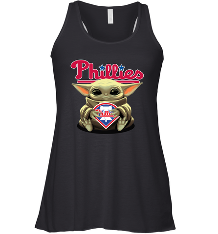 Baby Yoda Hugs Loves The Philadelphia Phillies Baseball Womens Racerback Tank Top Womens Racerback Tank Top / Black / XS Womens Racerback Tank Top - VeigarTee