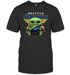 Baby Yoda Loves The Seattle Seahawks Star Wars Baby Yoda Hugs Seahawks NFL Mens T-Shirt
