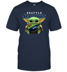 Baby Yoda Loves The Seattle Seahawks Star Wars Baby Yoda Hugs Seahawks NFL Mens T-Shirt