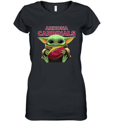 Baby Yoda Loves The Arizona Cardinals Star Wars Baby Yoda Hugs Cardinals NFL Womens V-Neck T-Shirt Womens V-Neck T-Shirt / Black / S Womens V-Neck T-Shirt - VeigarTee