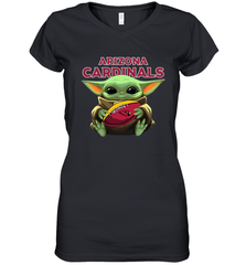 Baby Yoda Loves The Arizona Cardinals Star Wars Baby Yoda Hugs Cardinals NFL Womens V-Neck T-Shirt Womens V-Neck T-Shirt - VeigarTee