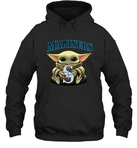Baby Yoda Hugs Loves The Seattle Mariners Baseball Adult Hoodie Sweatshirt Adult Hoodie Sweatshirt / Black / S Adult Hoodie Sweatshirt - VeigarTee