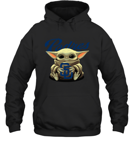 Baby Yoda Hugs Loves The San Diego Padres Baseball Adult Hoodie Sweatshirt Adult Hoodie Sweatshirt / Black / S Adult Hoodie Sweatshirt - VeigarTee