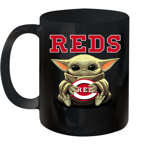 Baby Yoda Hugs Loves The Cincinnati Reds Baseball Ceramic Mug 11oz Ceramic Mug 11oz / Black / 11oz Ceramic Mug 11oz - VeigarTee