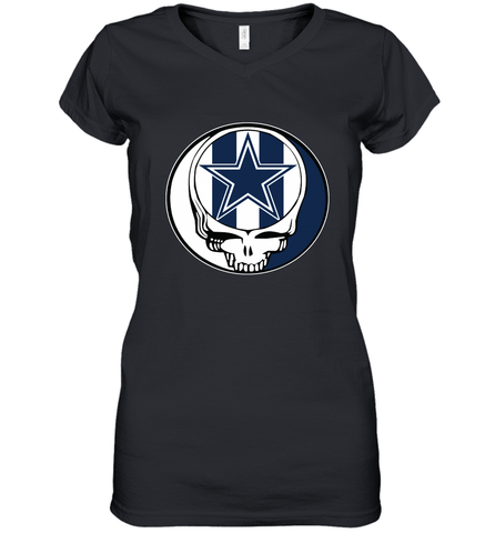 Dallas Cowboys Grateful Dead Steal Your Face NFL Football Womens V-Neck T-Shirt Womens V-Neck T-Shirt / Black / S Womens V-Neck T-Shirt - VeigarTee