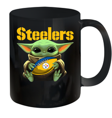 Baby Yoda Loves The Pittsburgh Steelers Star Wars Baby Yoda Hugs Steelers NFL Ceramic Mug 11oz Ceramic Mug 11oz - VeigarTee