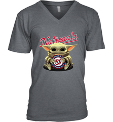 Baby Yoda Hugs Loves The Washington Nationals Baseball Mens V-Neck T-Shirt Mens V-Neck T-Shirt - VeigarTee