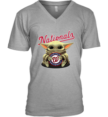 Baby Yoda Hugs Loves The Washington Nationals Baseball Mens V-Neck T-Shirt Mens V-Neck T-Shirt - VeigarTee