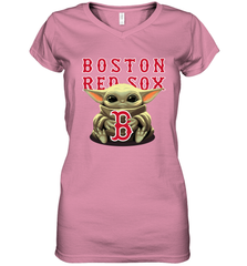 Baby Yoda Hugs Loves The Boston Red Sox Baseball Womens V-Neck T-Shirt Womens V-Neck T-Shirt - VeigarTee